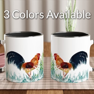 Rooster Mug with black handle, Colourful Cockerel Coffee cup, watercolor printed on ceramic mug by Terry Kirkwood