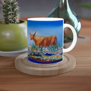 Highland cow cup Isle of Skye Mug, Scottish landscape Oil painting printed on a ceramic mug by Terry Kirkwood