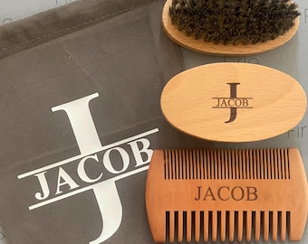 Set personalizzato per la cura della barba, set di spazzole e pettini, accessori per la rasatura, spazzola per barba in setole di cinghiale e pettine per baffi con sacchetto regalo