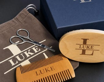 Personalised Beard Grooming Set, Brush Comb Set, Shaving Accessories, Wooden Boar Bristle Beard Brush & Moustache Comb Kit with Gift Bag