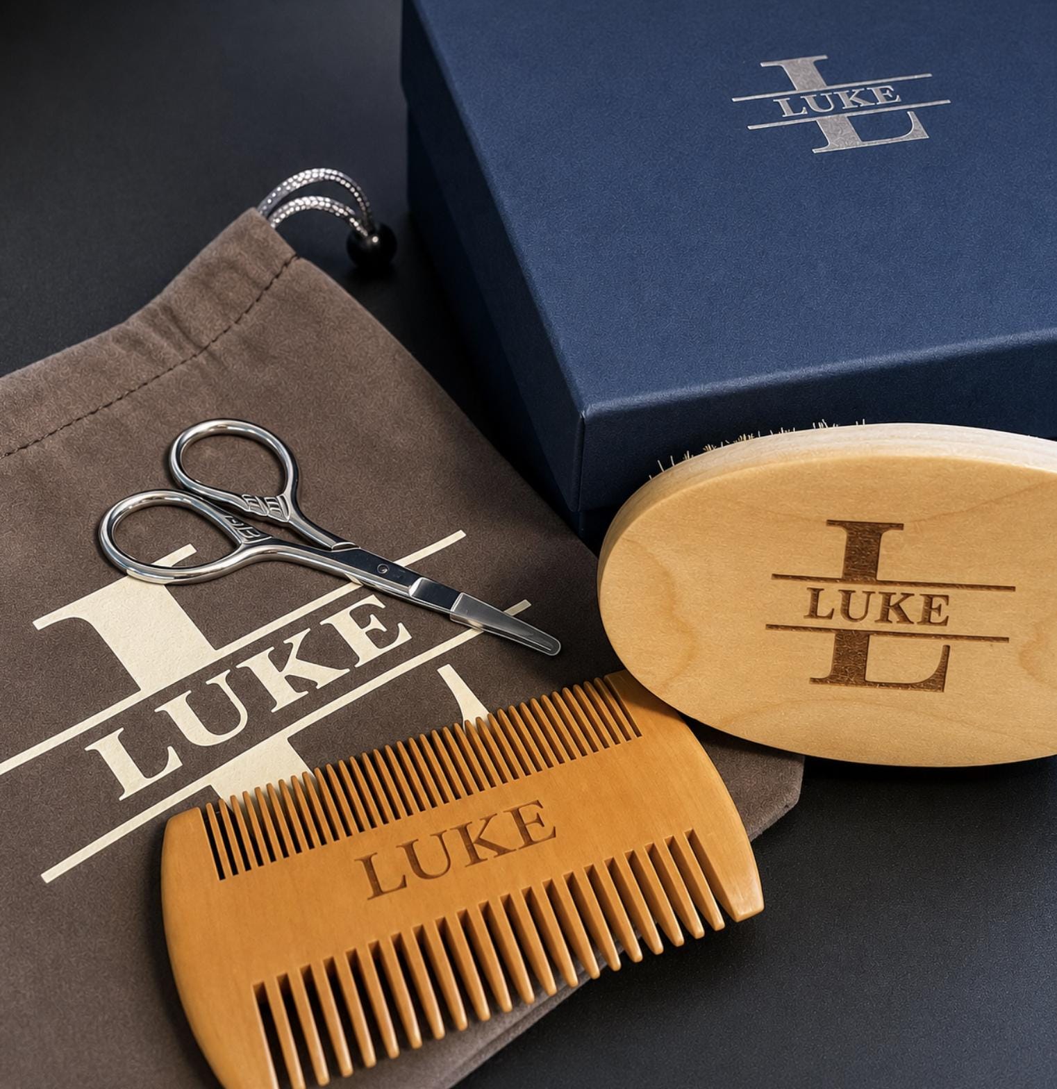 Personalised Beard Grooming Set, Brush Comb Set, Shaving Accessories, Wooden Boar Bristle Beard Brush & Moustache Comb Kit with Gift Bag