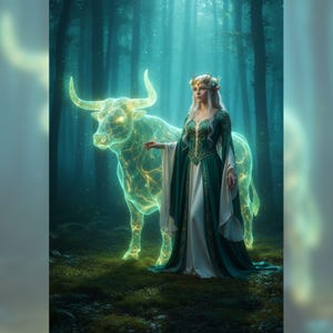 Può includere: Una scena mistica della foresta presenta una donna in abito verde e bianco con una corona floreale, accanto a un toro etereo e luminoso. Il toro emana una morbida luce dorata e la foresta è avvolta da una nebbiosa luce blu-verde.