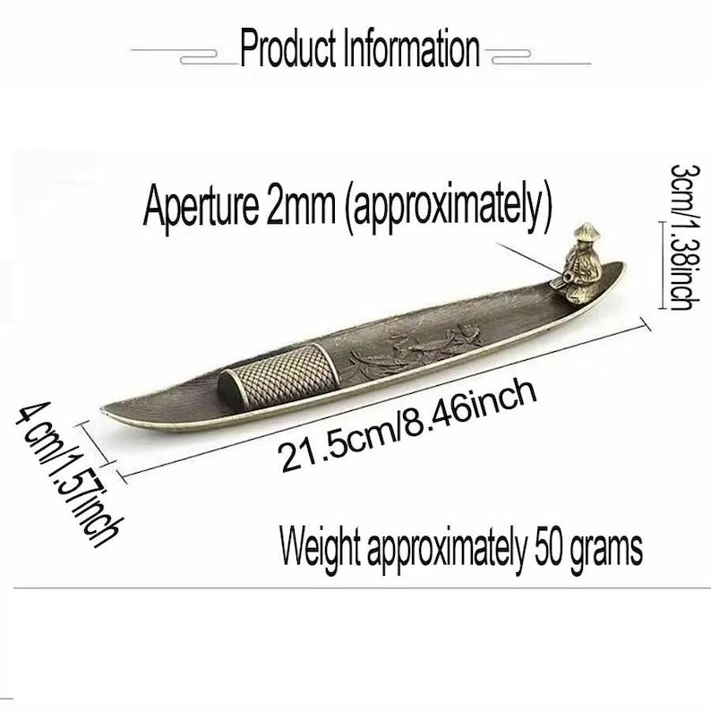May include: A bronze-colored metal incense holder shaped like a boat, measuring 8.46 inches long, 1.57 inches wide, and 1.38 inches high. It features a small figure at one end, a textured cylindrical holder, and an aperture of 0.08 inches.