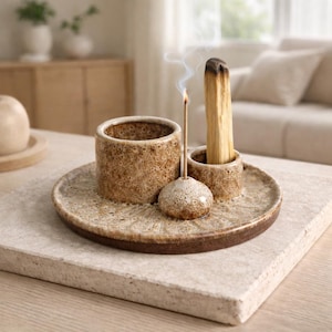 Soporte de cerámica para palo santo, plato para sahumerio de salvia, bandeja de incienso 3 en 1, decoración minimalista para meditación, regalo de limpieza espiritual, quemador de aromaterapia