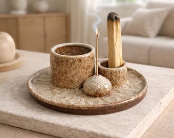 Ceramic Palo Santo Holder, Sage Smudge Dish, 3-in-1 Incense Tray, Minimalist Meditation Decor, Spiritual Cleansing Gift, Aromatherapy Burner