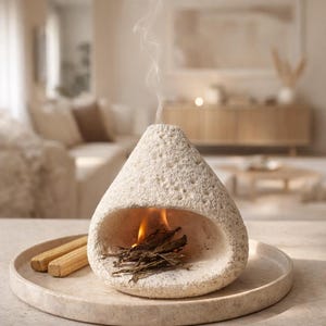 Op de afbeelding: Een crèmekleurige, druppelvormige wierookbrander met een textuur. Binnenin brandt een klein vuur, met opstijgende rook. Twee houten stokjes liggen op een ronde, lichtgekleurde tray. De brander is ontworpen voor aromatherapie.
