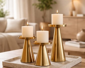 Modern Gold Metal Candle Holder Set, Brass Pillar Stand for Table Centerpiece, Minimalist Wedding Decor, Luxury Housewarming Gift, Set of 3
