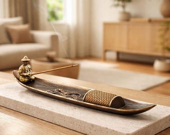 Bronze Fisherman Boat Incense Holder, Canoe Ash Catcher Tray, Zen Meditation Art, Unique Spiritual Gift for Men, Asian Inspired Home Decor