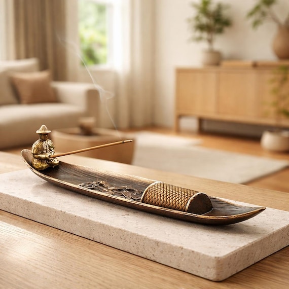 Bronze Fisherman Boat Incense Holder, Canoe Ash Catcher Tray, Zen Meditation Art, Unique Spiritual Gift for Men, Asian Inspired Home Decor