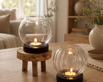 Glass Tealight Candle Holder Set Round Hurricane Lantern Modern Table Centerpiece Ribbed Glass Home Decor Gift Set