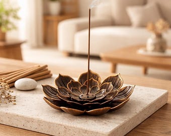 Lotus Incense Burner, Antique Bronze Metal Ash Catcher, Zen Meditation Decor, Yoga Ritual Gift, Spiritual Flower Stick Holder Buddhist Altar