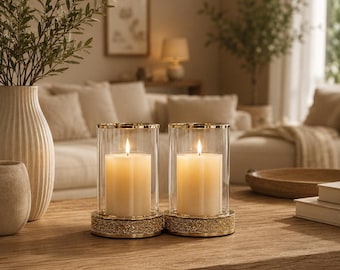 Glass Metal Candle Holders Gold Silver Hurricane Candle Lantern Modern Table Centerpiece Wedding Decor Farmhouse Home Accent Set of 2