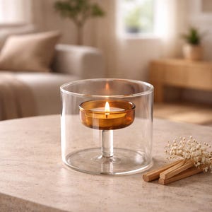 May include: A lit candle in a clear glass holder with a small amber-colored cup. The candle sits on a clear stem inside a larger cylindrical glass. The background is blurred, showing a neutral-toned living space.