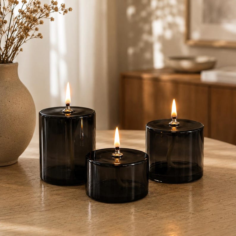black tinted glass oil candle set with flames modern home decor aesthetic lighting