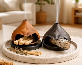 Wabi Sabi Ceramic Palo Santo Burner, Textured Sage Smudge Bowl, Chimney Incense Holder, Zen Meditation Decor, Earthy Home Cleansing Gift