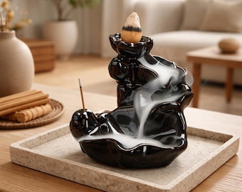 Ceramic Waterfall Incense Burner, Backflow Smoke Fountain, Zen Meditation Decor, 2-in-1 Stick & Cone Holder, Luxury Aromatherapy Gift, Altar