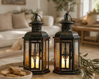 Vintage Style Metal Lantern Candle Holder, Rustic Farmhouse Table Decor, Distressed Wedding Centerpiece, Outdoor Patio Lantern, Gift