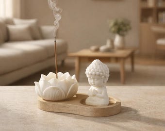 Ceramic Lotus Incense Holder with Buddha Statue, Wooden Tray Meditation Decor