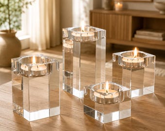 Crystal Tealight Candle Holder Set, Clear Candle Holders, Modern Minimalist Candle Decor, Wedding Centerpiece Table Decor