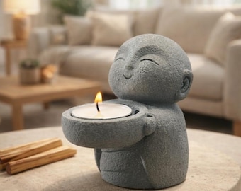 Zen Monk Candle Holder, Stone Look Tealight Stand, Minimalist Meditation Decor, Yoga Altar Accessory, Spiritual Feng Shui Gift