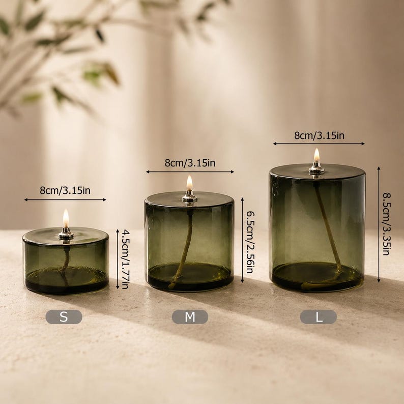 oil candle size comparison showing small medium large dimensions with measurements