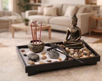 Zen Garden Buddha Incense Set, Desktop Sand Tray with Rake, Meditation Decor Kit, Stress Relief Office Gift, Spiritual Housewarming Present