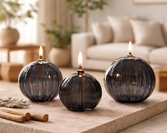Smoked Glass Oil Lamp, Ribbed Glass Table Candle, Refillable Pumpkin Oil Lamp, Minimalist Home Decor, Zen Meditation Gift, Set of 3 Sizes