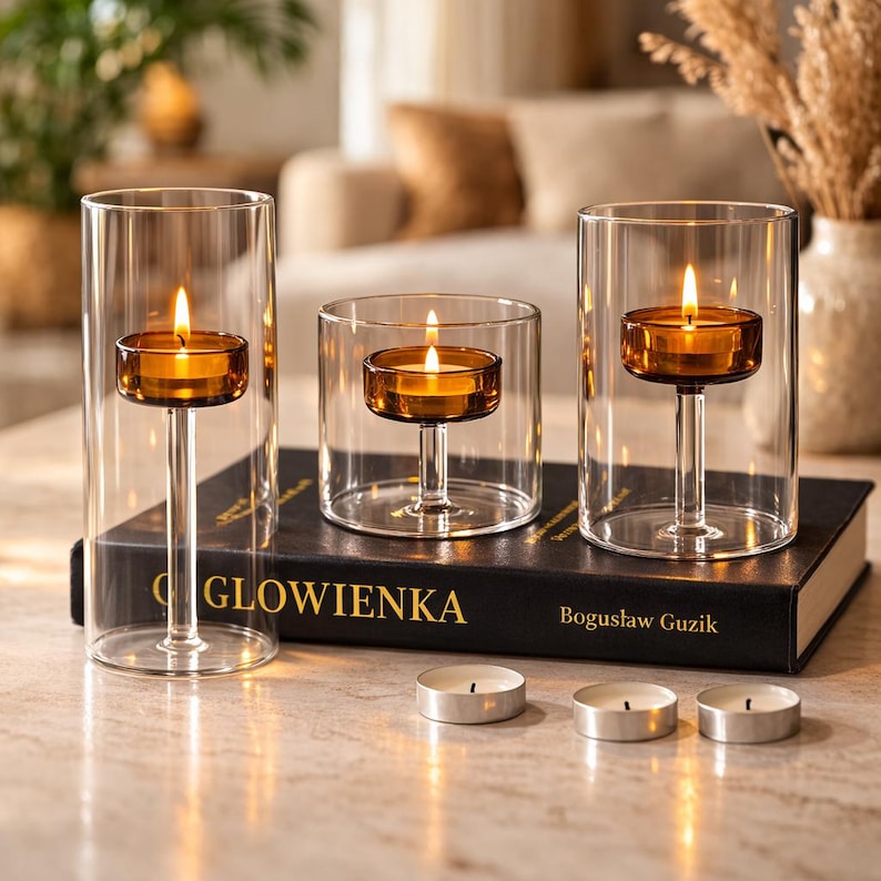 May include: Three glass candle holders with lit candles inside. The candles are in amber-colored holders, and the holders are on a black book. Three tealight candles are in front of the candle holders.