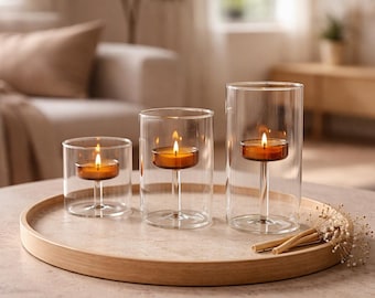 Glass Tealight Candle Holder Set, Modern Hurricane Table Centerpiece, Minimalist Wedding Decor, Set of 3 Glass Votive Holders, Gift for Her