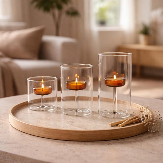 Glass Tealight Candle Holder Set, Modern Hurricane Table Centerpiece, Minimalist Wedding Decor, Set of 3 Glass Votive Holders, Gift for Her