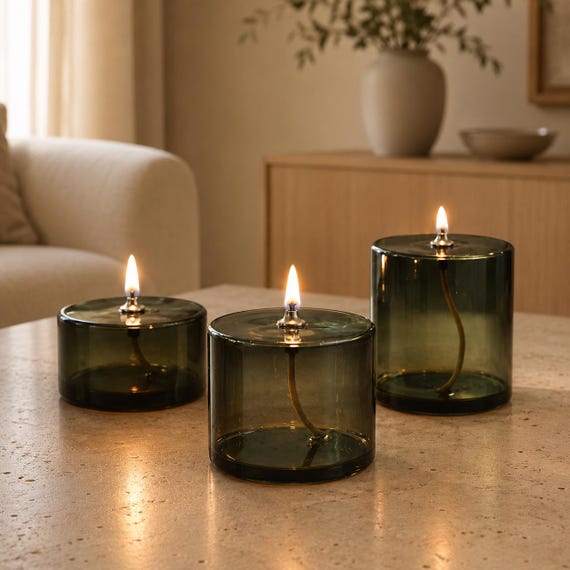 Glass Oil Candle Set Smokeless Tabletop Candle Refillable Wick Lamp Minimalist Home Decor Ambiance Lighting Gift Set