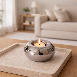 May include: A silver-colored, donut-shaped candle holder with a lit tea light candle. The candle holder sits on a square, light-colored tray. The background shows a living room setting with a sofa and a side table.