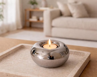 Modern Chrome Tealight Holder, Stainless Steel Minimalist Candle Stand, Sculptural Table Decor, Silver Centerpiece, Housewarm Gift for Her