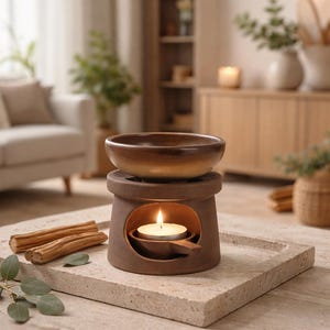 Op de afbeelding: Een bruine keramische etherische olie diffuser met een brandende kaars erin. De diffuser heeft een ronde kom bovenop en staat op een vierkante stenen bak. De kaarsvlam is zichtbaar door een cirkelvormige opening.