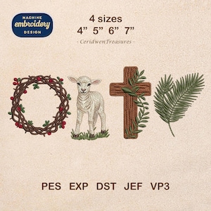 以下が含まれることがあります： リース、子羊、十字架、ヤシの葉をあしらったミシン刺繍デザイン。 デザインには「4サイズ 10.16 cm 12.7 cm 15.24 cm 17.78 cm」と「- CeridwenTreasures -」の文字が含まれています。 PES、EXP、DST、JEF、VP3形式。