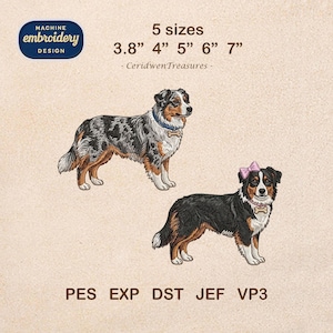 May include: Machine embroidery design featuring two Australian Shepherd dog illustrations. The design includes the text "5 sizes" with measurements from 3.8" to 7". The design also includes the text "MACHINE embroidery DESIGN" and file types PES, EXP, DST, JEF, and VP3.