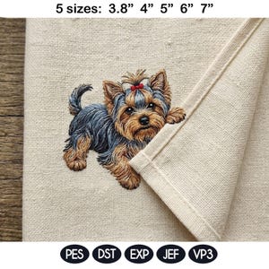 May include: Embroidered Yorkshire Terrier design on a beige fabric. The terrier has brown and black fur with a red bow. The text "5 sizes: 3.8" 4" 5" 6" 7"" is at the top. The bottom of the image shows the text "PES DST EXP JEF VP3".