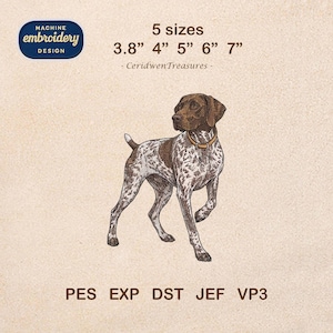 Puede incluir: Diseño de bordado a máquina con un perro marrón y blanco. Disponible en cinco tamaños: 9,65 cm, 10,16 cm, 12,7 cm, 15,24 cm y 17,78 cm. El diseño incluye el texto "MACHINE EMBROIDERY DESIGN" y los tipos de archivo PES, EXP, DST, JEF y VP3.