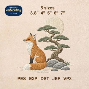 Zen Fox Embroidery Design, Japanese Bonsai Tree Machine Embroidery, Woodland Animal Art, Oriental Nature Decor, 5 sizes, Digital Download