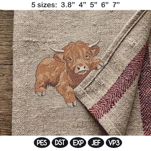 Adorable Highland Cow Mama Embroidery Design, In The Hoop Kitchen Towel Project, Cute Farm Animal Kids Machine Embroidery