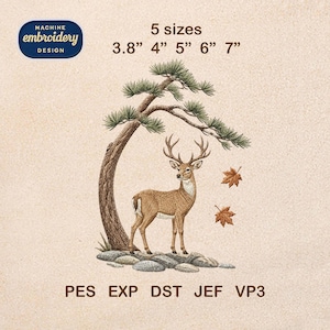 Japanese Deer Embroidery Design, Bonsai Pine Tree Machine Embroidery, Zen Forest Decor, Oriental Asian Art File, 5 sizes, Digital Download