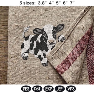May include: Embroidered design of a black and white cow on a tan fabric. The cow is in a playful pose. The fabric has a red stripe. The design is available in 5 sizes: 3.8", 4", 5", 6", and 7".