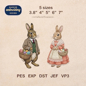 May include: An embroidery design featuring two anthropomorphic rabbits. One rabbit wears a suit and carries a basket of yarn. The other rabbit wears a dress and carries a basket of eggs. The design is available in 5 sizes, ranging from 3.8" to 7".