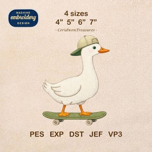 May include: An embroidered design featuring a cartoon goose wearing a baseball cap and riding a skateboard. The design is available in 4 sizes: 4", 5", 6", and 7". The design also includes the text "MACHINE EMBROIDERY DESIGN".