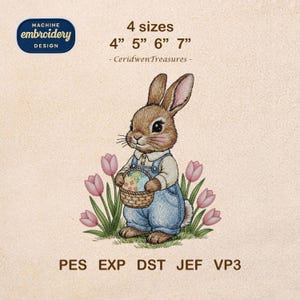 May include: An embroidery design of a bunny holding a basket with a decorated egg, surrounded by pink tulips. Available in 4 sizes: 10cm, 13cm, 15cm, and 18cm. The text "MACHINE EMBROIDERY DESIGN" is in a blue oval.