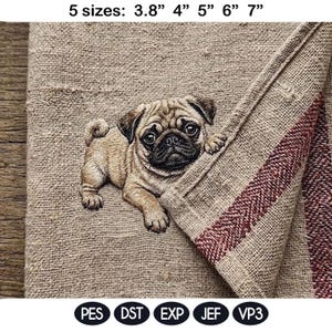 May include: Embroidered pug design on a tan fabric. The pug is light brown with a black muzzle and is peeking out from behind a folded section of fabric with red stripes. The text "5 sizes: 3.8" 4" 5" 6" 7"" is at the top.