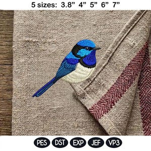 Adorable Superb Fairy Wren Bird Embroidery Design, In The Hoop Kitchen Towel Project, Cute Animal Kids Machine Embroidery Pattern