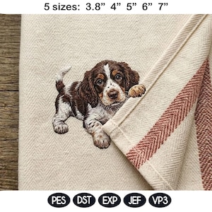 Op de afbeelding: Geborduurd puppyontwerp op crèmekleurige stof. De puppy is bruin en wit, met een gedetailleerd, realistisch uiterlijk. De stof heeft een visgraatpatroon en een rode streep. De tekst "5 maten: 9.65cm 10.16cm 12.7cm 15.24cm 17.78cm" staat bovenaan.