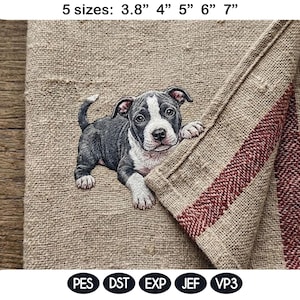 May include: Embroidered design of a gray and white puppy on a tan fabric. The fabric has a red and white striped border. Text at the top indicates available sizes: 3.8", 4", 5", 6", and 7". The bottom of the image shows file type abbreviations.