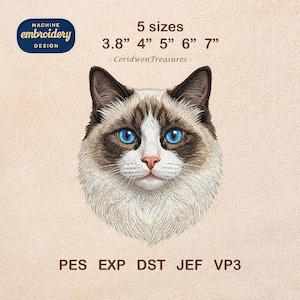 Puede incluir: Diseño de bordado a máquina de una cara de gato Ragdoll con ojos azul brillante, marcas marrones y blancas y una nariz rosa. Disponible en 5 tamaños, de 9,65 cm a 17,78 cm. Incluye tipos de archivo PES, EXP, DST, JEF y VP3.